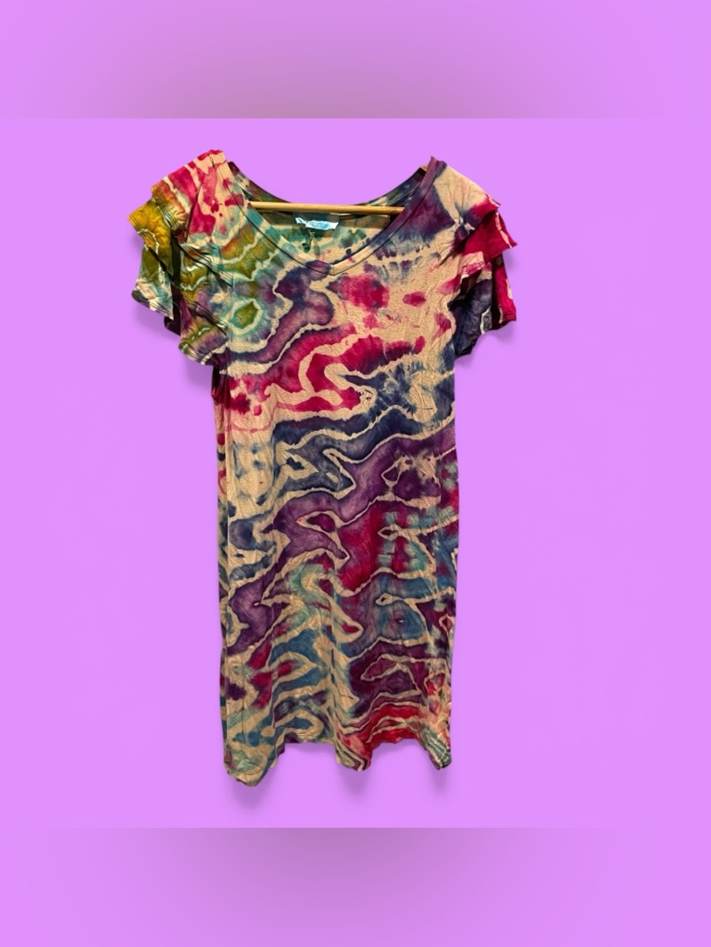 Cute boho festival rainbow tie dye swirl v-neck ruffle sleeve mini dress